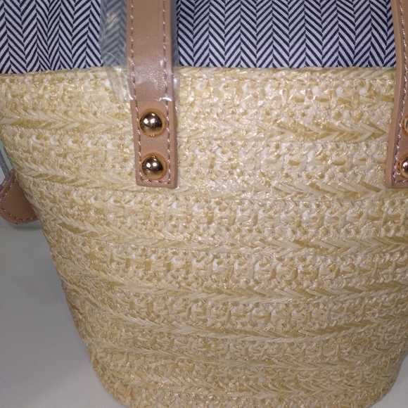 Tan Mini Drawstring Tote Bag w/SZ 7 Denim Blue Tie Up Espadrille Wedges Bundle - Picture 3 of 5